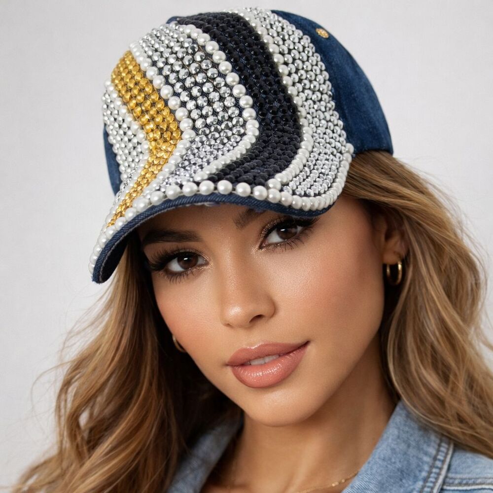 New Stone & Pearl Denim Blue Cap. Adjustable Gold White Black Glitzy BoHo